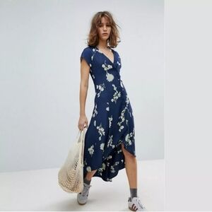 Free People Lost in Your Floral Wrap Midi Blue Asymmetrical Button Dress Size S